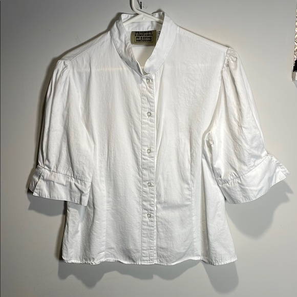 100% Cotton White 3/4 Puffy Sleeve Fitted Button Down Shirt - Picture 1 of 5